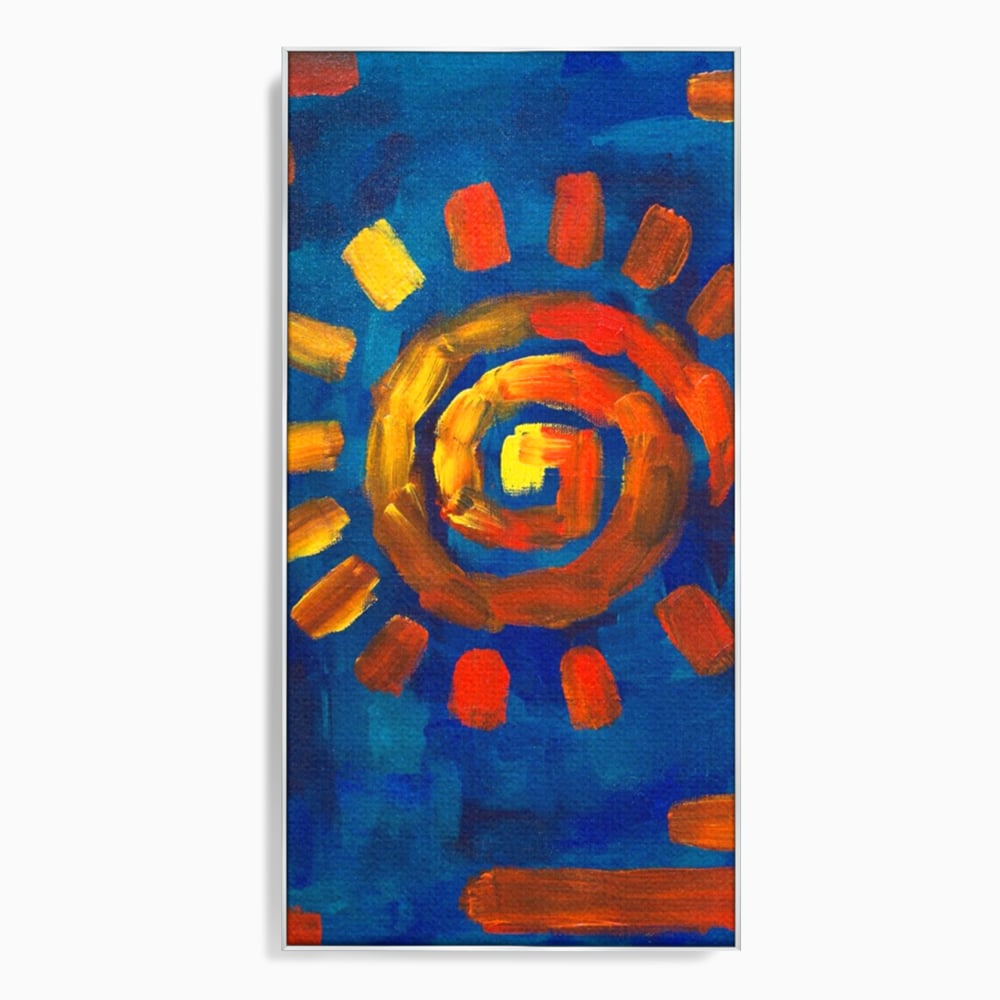 Tablou canvas cu tablou pictura cu soare spiralat, in rama de aluminiu argintiu