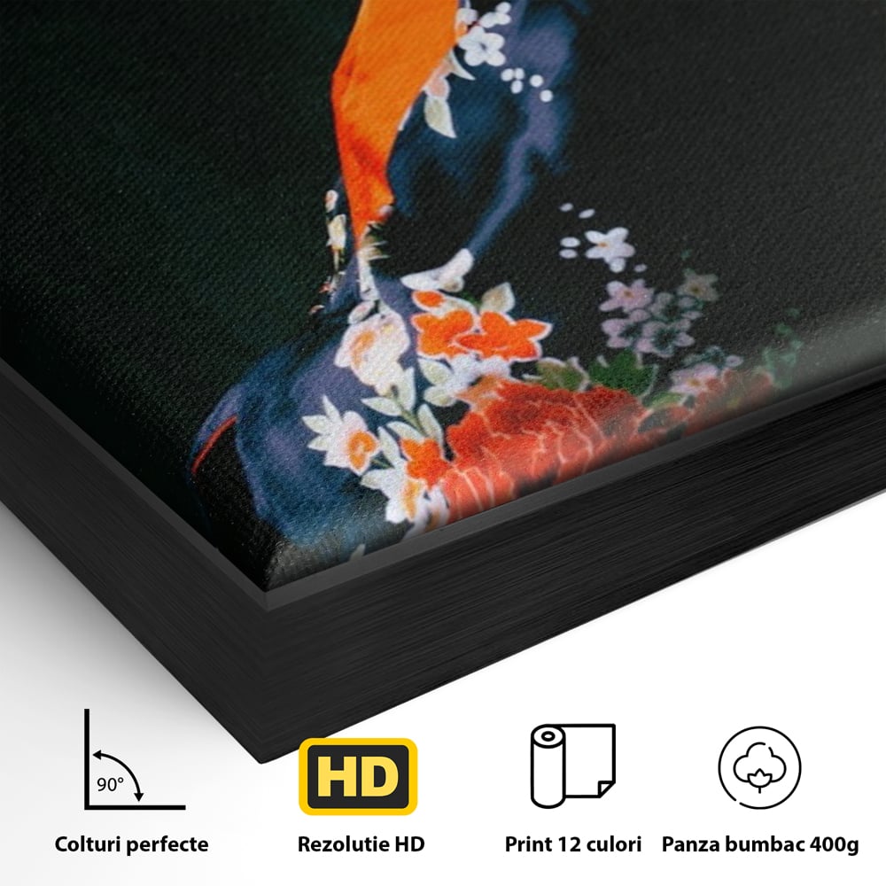 Detaliu al suprafetei: tablou portret gheisa japoneza, in rama de aluminiu negru
