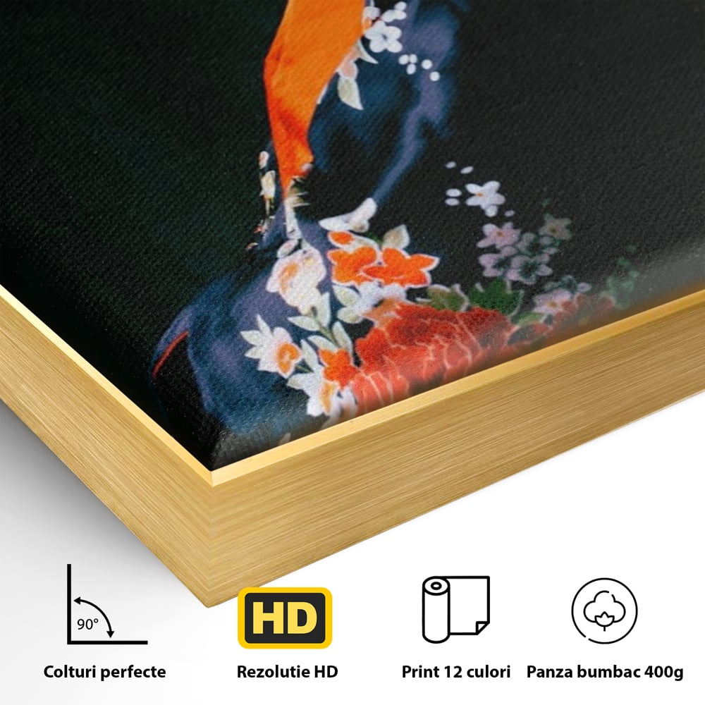 Detaliu al suprafetei: tablou portret gheisa japoneza, in rama de aluminiu auriu