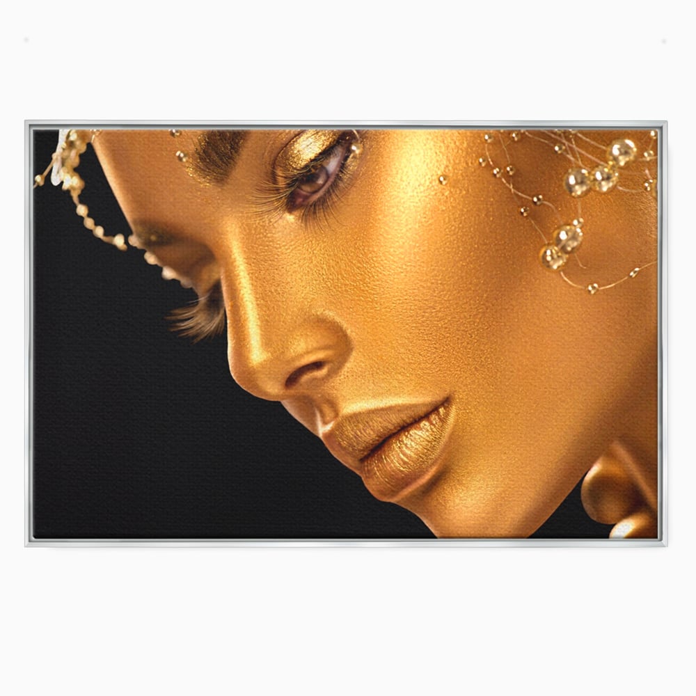 Tablou canvas cu tablou canvas cu femeie in nuante aurii, in rama de aluminiu argintiu