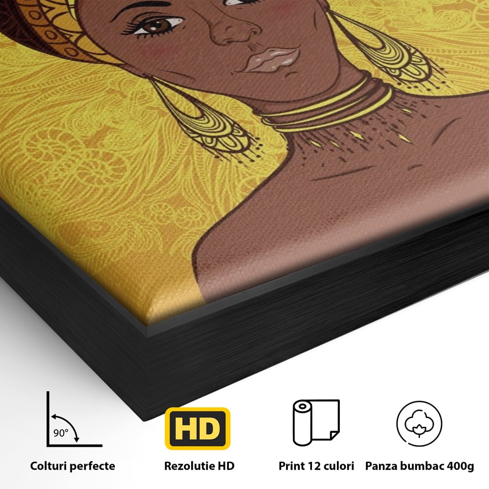 Detaliu al suprafetei: ilustratie digitala cu femeie africana, in rama de aluminiu negru