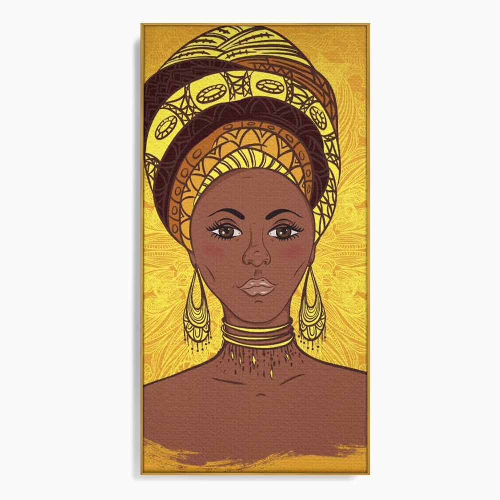 Tablou canvas cu ilustratie digitala cu femeie africana, in rama de aluminiu auriu