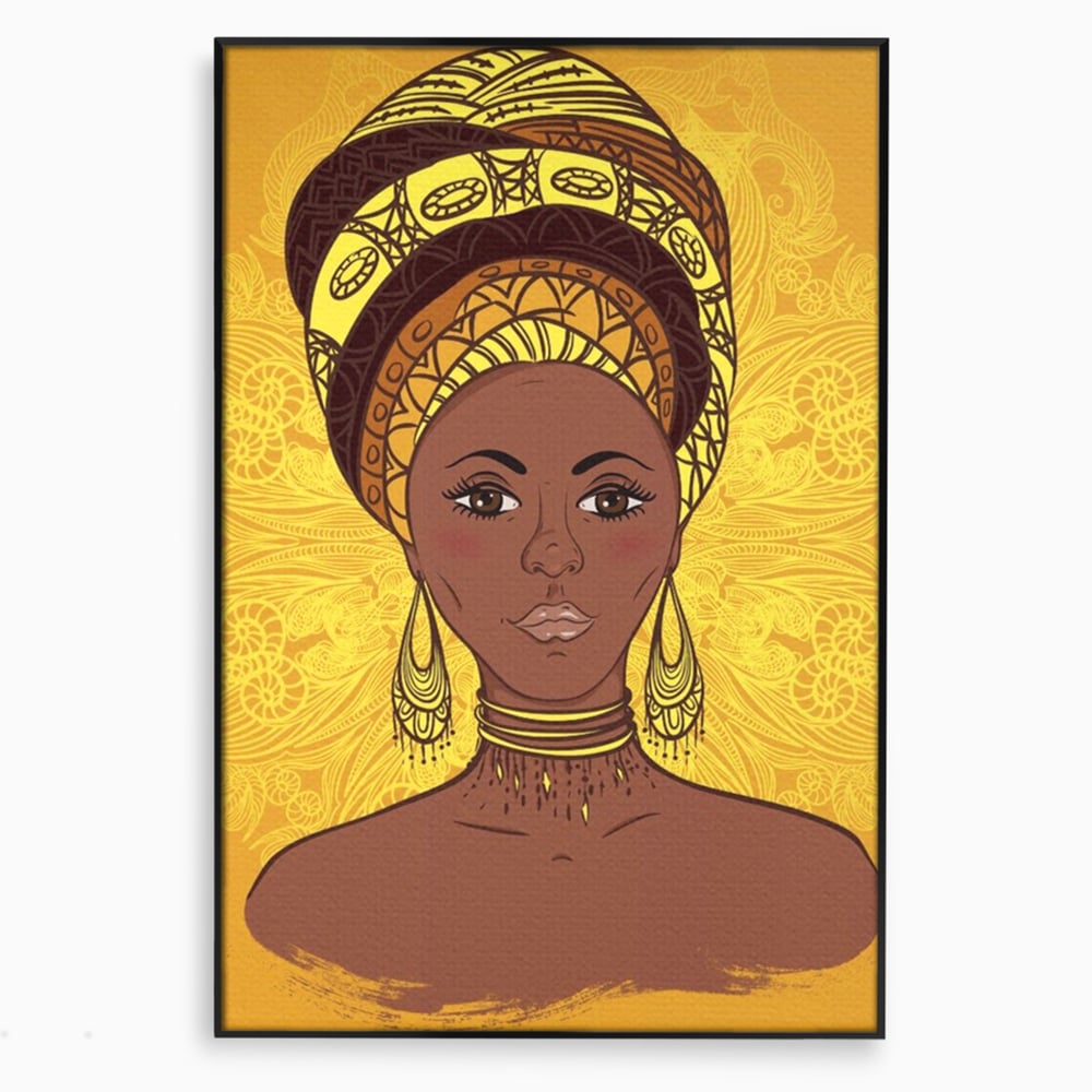 Tablou canvas cu ilustratie digitala cu femeie africana, in rama de aluminiu negru