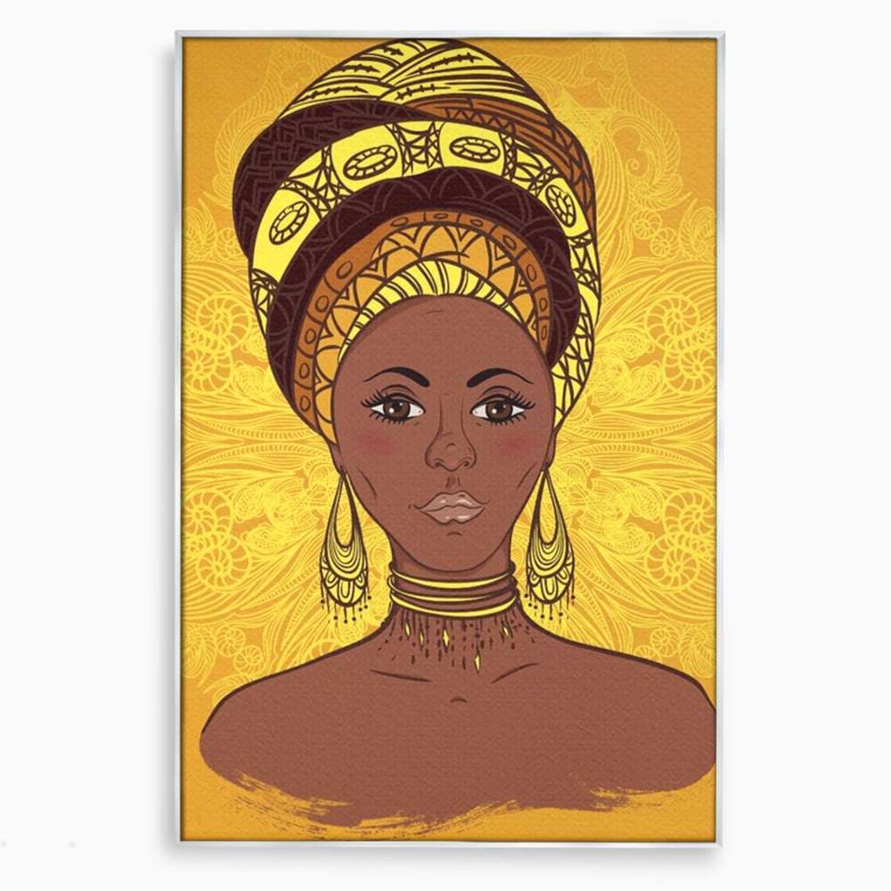 Tablou canvas cu ilustratie digitala cu femeie africana, in rama de aluminiu argintiu