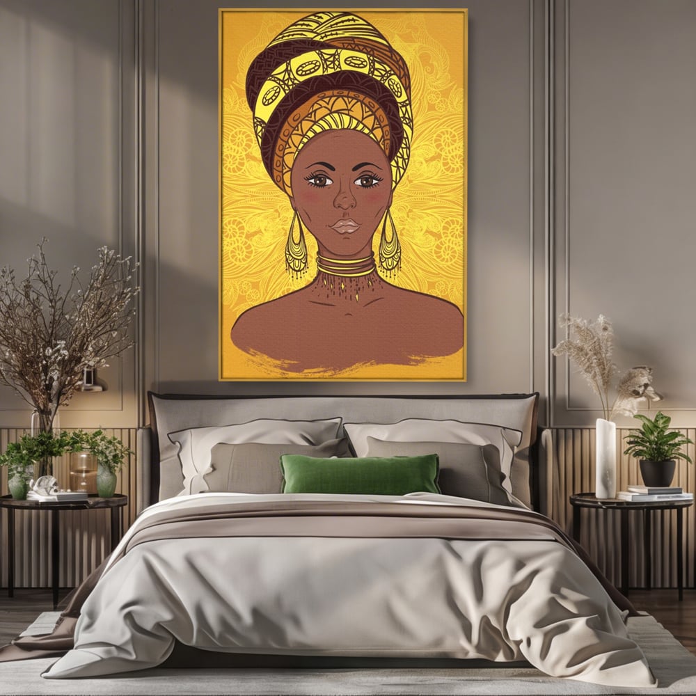 Tablou canvas cu ilustratie digitala cu femeie africana, in rama de aluminiu auriu, pe perete intr-un dormitor