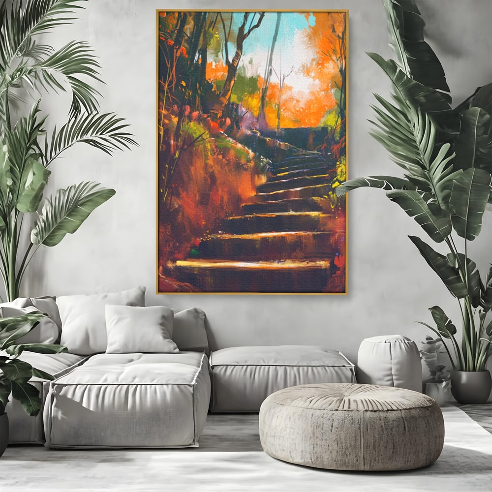 Tablou canvas cu tablou canvas cu scari de toamna, in rama de aluminiu auriu, pe perete intr-un living