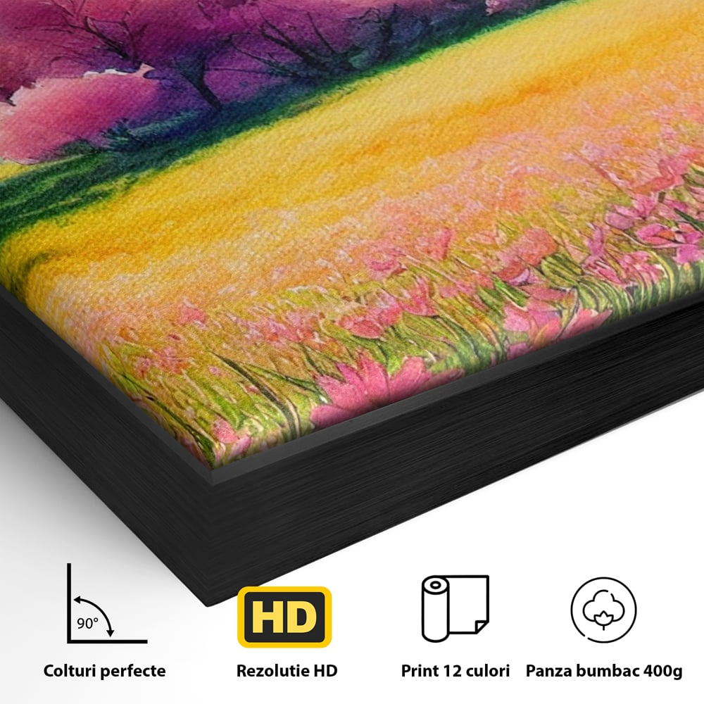 Detaliu al suprafetei: tablou canvas cu peisaj de primavara, in rama de aluminiu negru