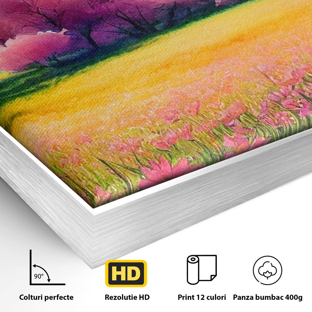 Detaliu al suprafetei: tablou canvas cu peisaj de primavara, in rama de aluminiu argintiu