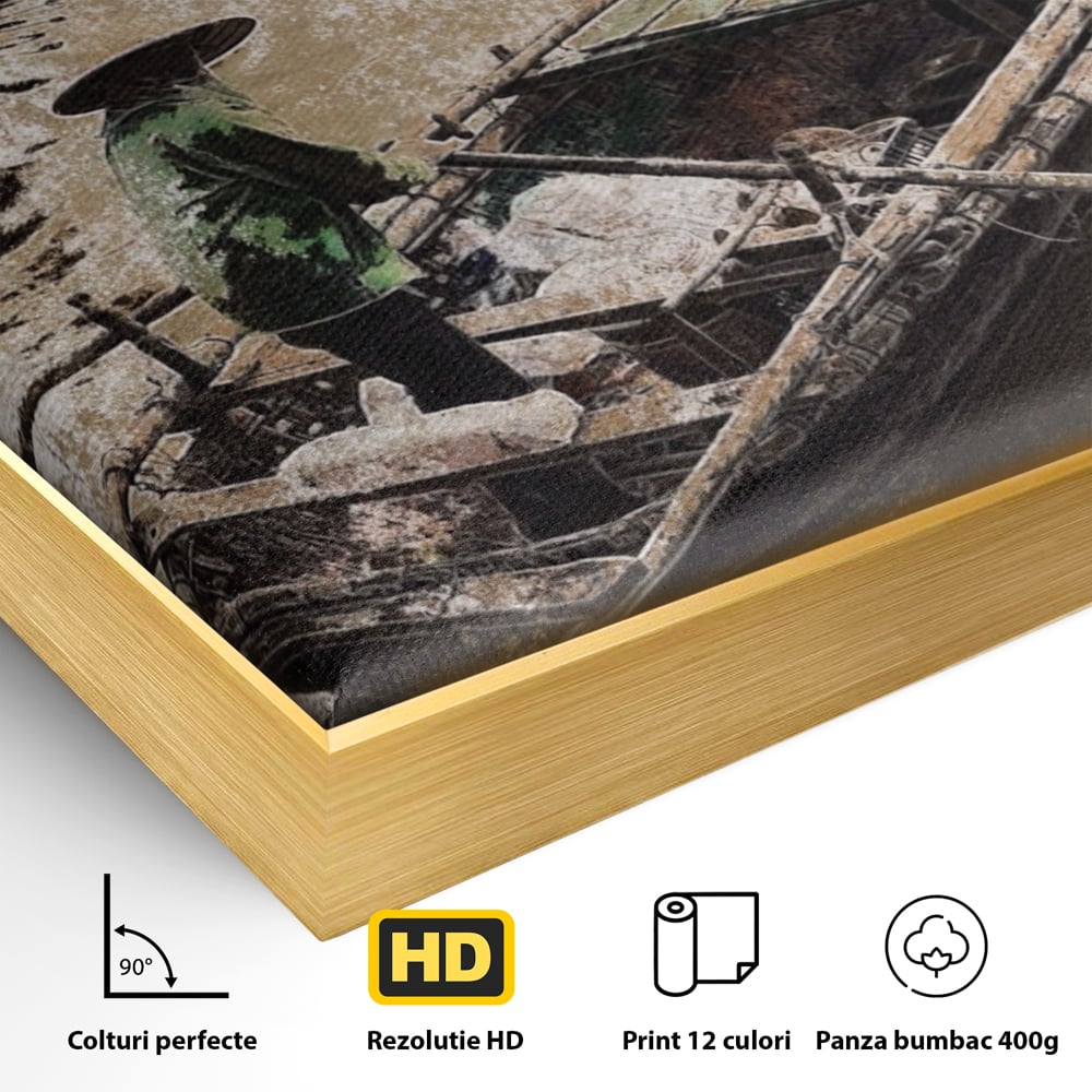 Detaliu al suprafetei: tablou canvas cu pescar pe barca, in rama de aluminiu auriu