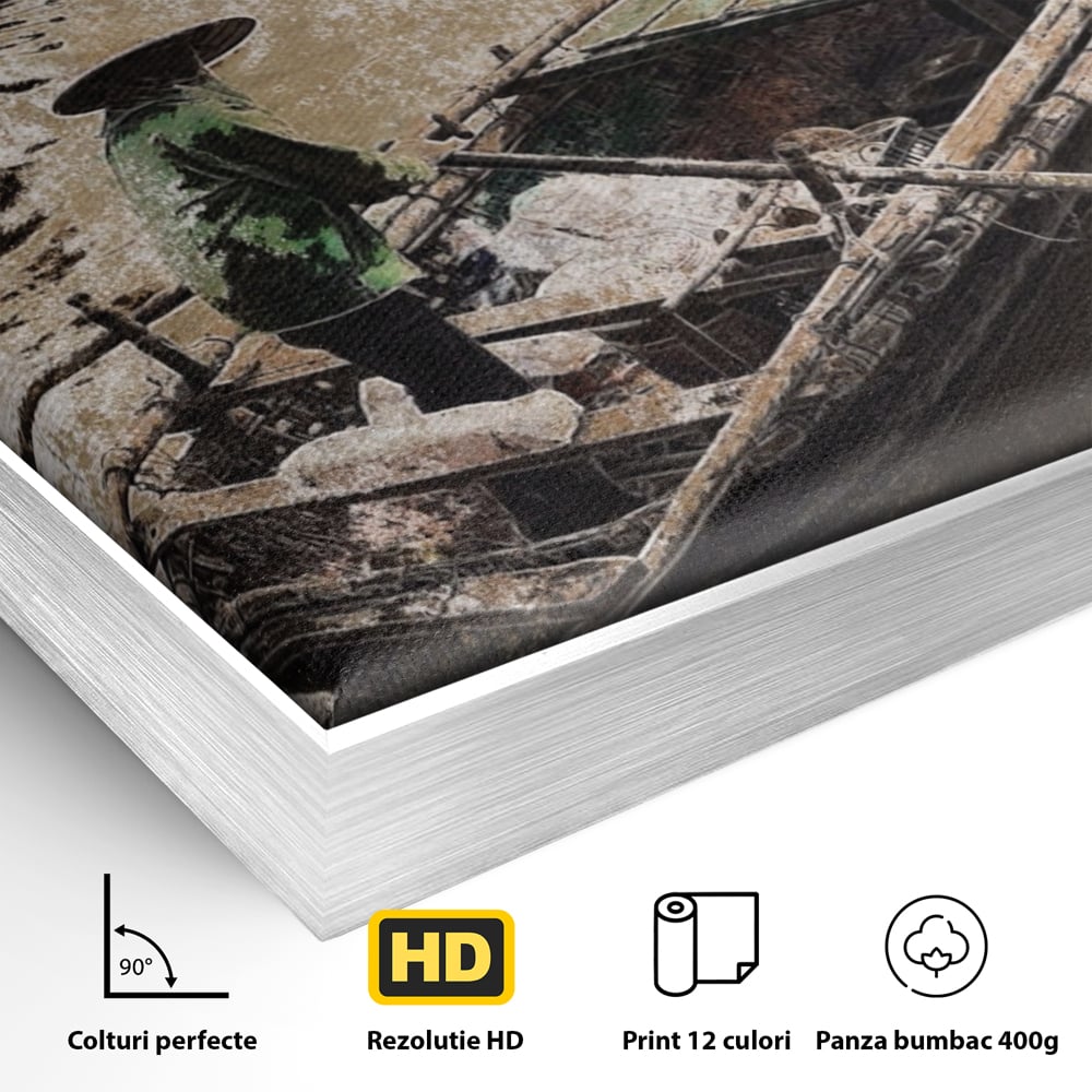 Detaliu al suprafetei: tablou canvas cu pescar pe barca, in rama de aluminiu argintiu