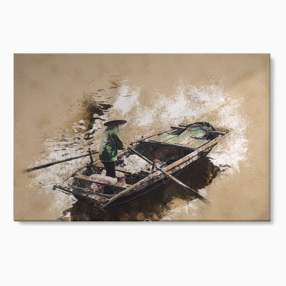 Tablou canvas cu tablou canvas cu pescar pe barca, fara rama, pe sasiu de lemn