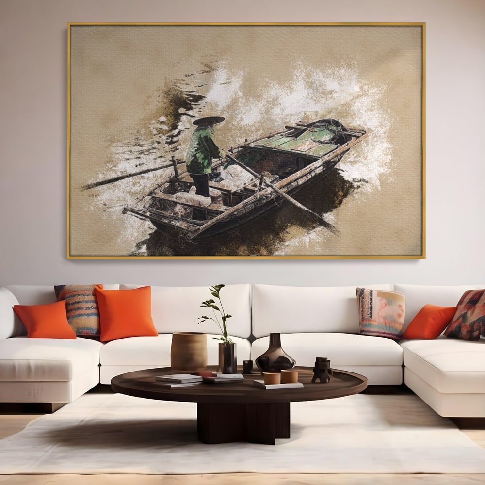 Tablou canvas cu tablou canvas cu pescar pe barca, in rama de aluminiu auriu, pe perete intr-un living