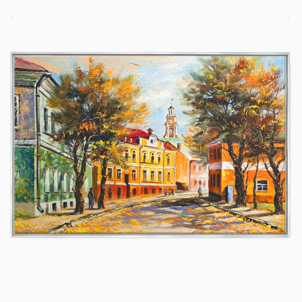 Tablou canvas cu pictura stradala cu peisaj de toamna, in rama de aluminiu argintiu
