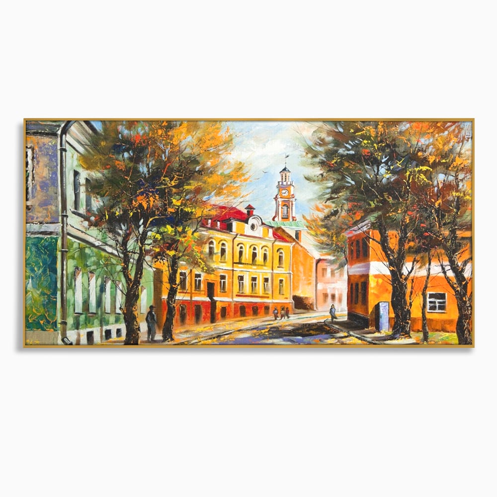 Tablou canvas cu pictura stradala cu peisaj de toamna, in rama de aluminiu auriu