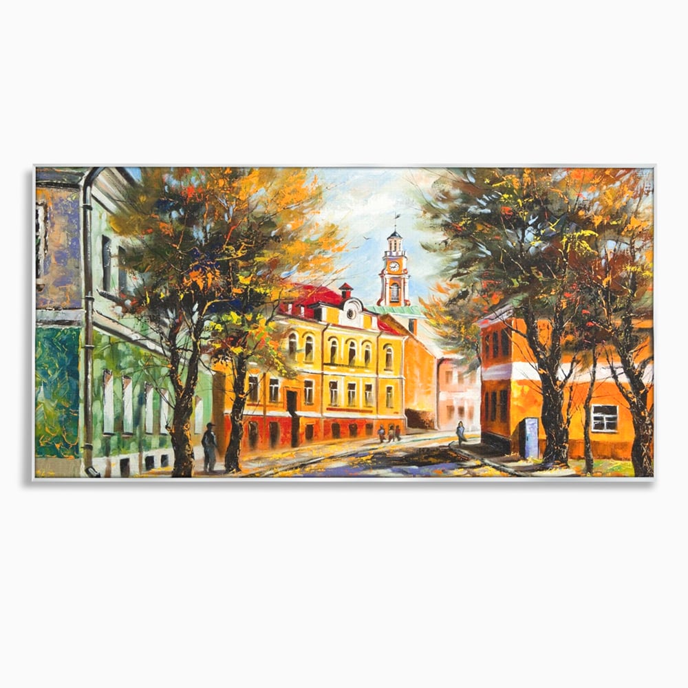 Tablou canvas cu pictura stradala cu peisaj de toamna, in rama de aluminiu argintiu