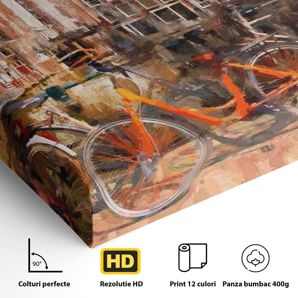 Detaliu al suprafetei: tablou canvas cu bicicleta portocalie pe malul canalului, fara rama, pe sasiu de lemn