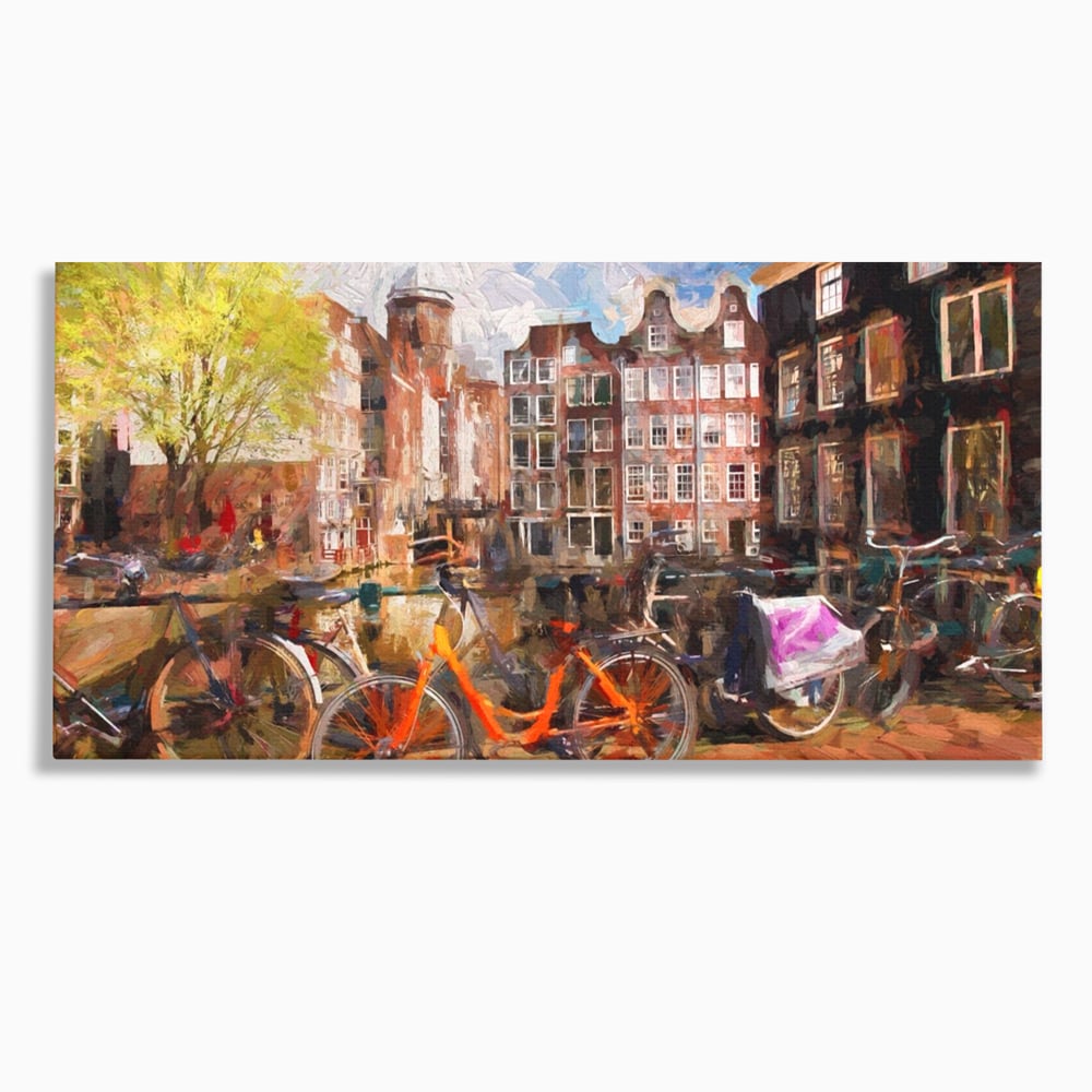 Tablou canvas cu tablou canvas cu bicicleta portocalie pe malul canalului, fara rama, pe sasiu de lemn
