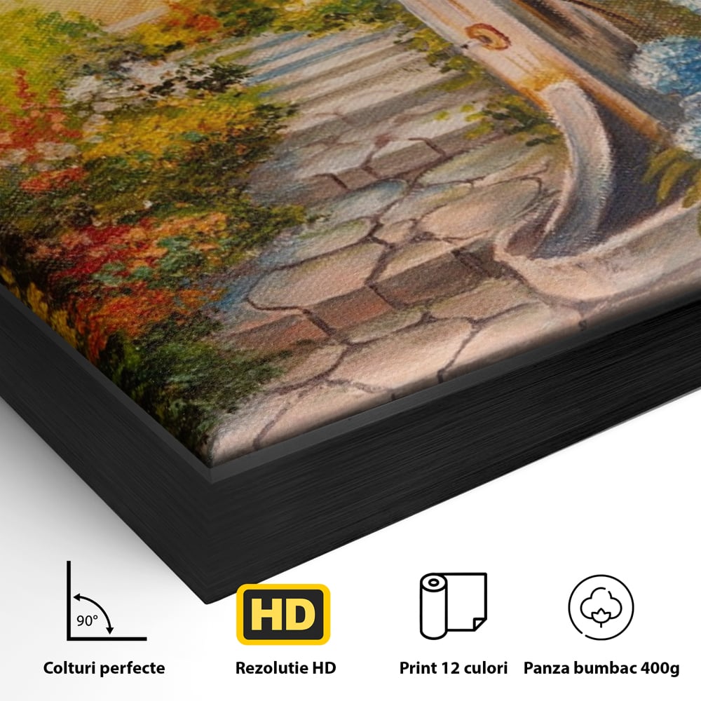 Detaliu al suprafetei: pictura decorativa cu alee florala si fantana, in rama de aluminiu negru