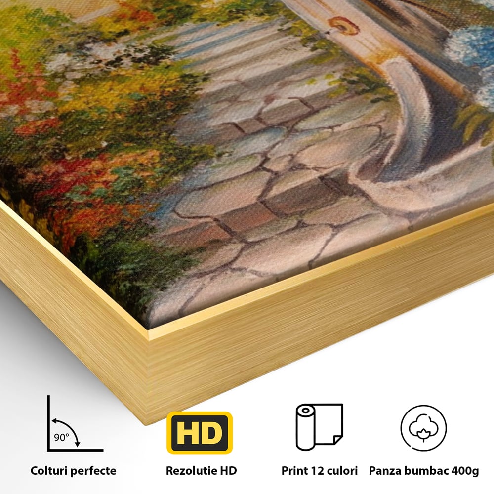 Detaliu al suprafetei: pictura decorativa cu alee florala si fantana, in rama de aluminiu auriu