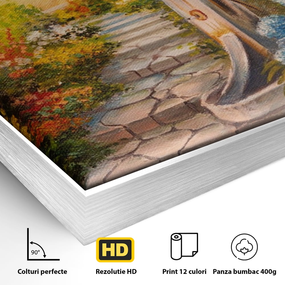 Detaliu al suprafetei: pictura decorativa cu alee florala si fantana, in rama de aluminiu argintiu