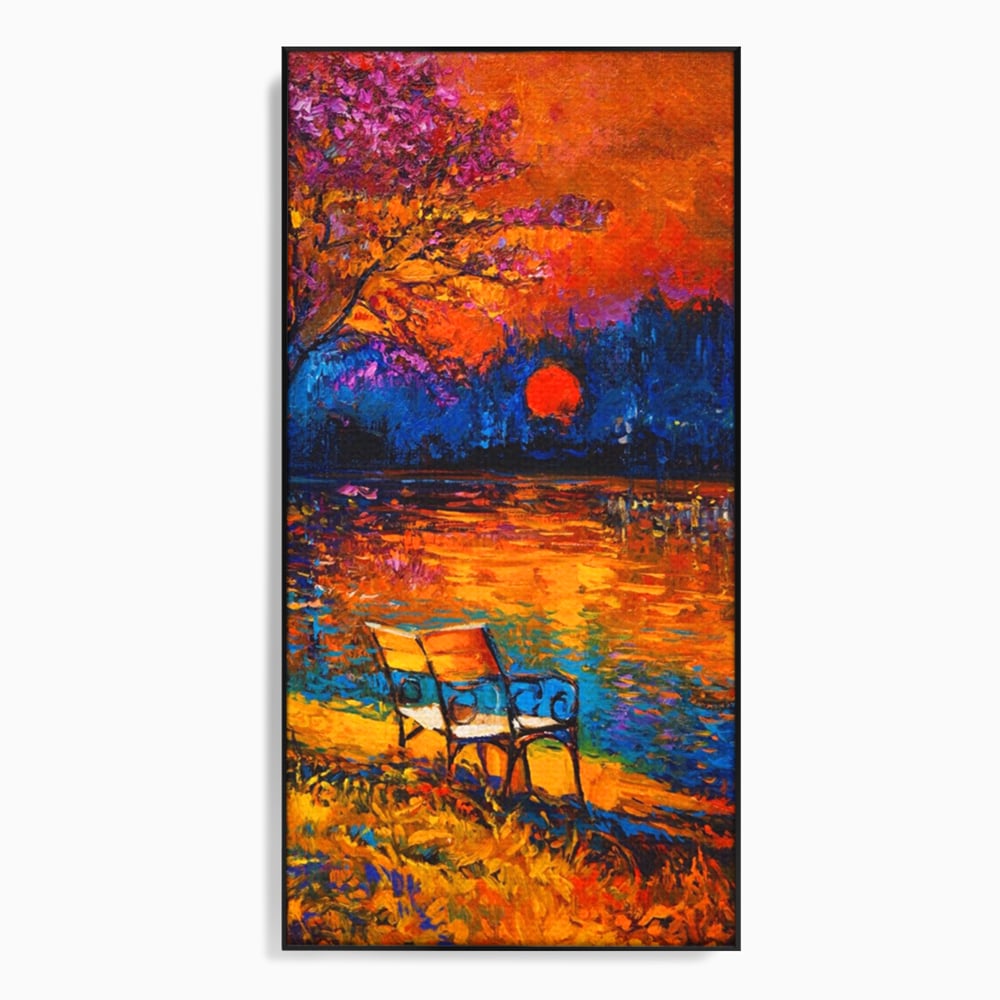 Tablou canvas cu tablou canvas cu peisaj si banca langa lac, in rama de aluminiu negru