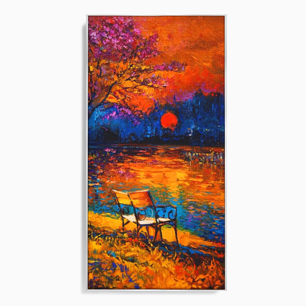 Tablou canvas cu tablou canvas cu peisaj si banca langa lac, in rama de aluminiu argintiu