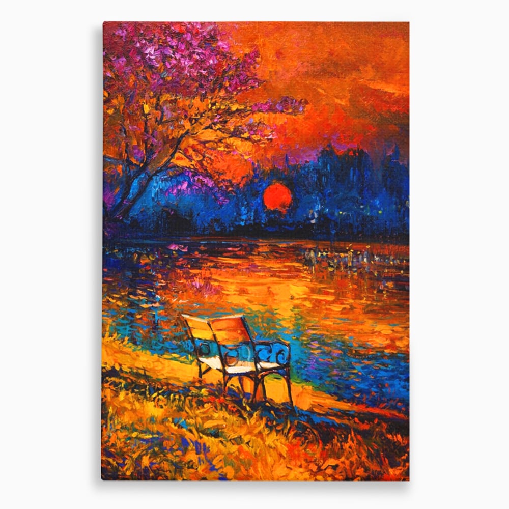 Tablou canvas cu tablou canvas cu peisaj si banca langa lac, fara rama, pe sasiu de lemn
