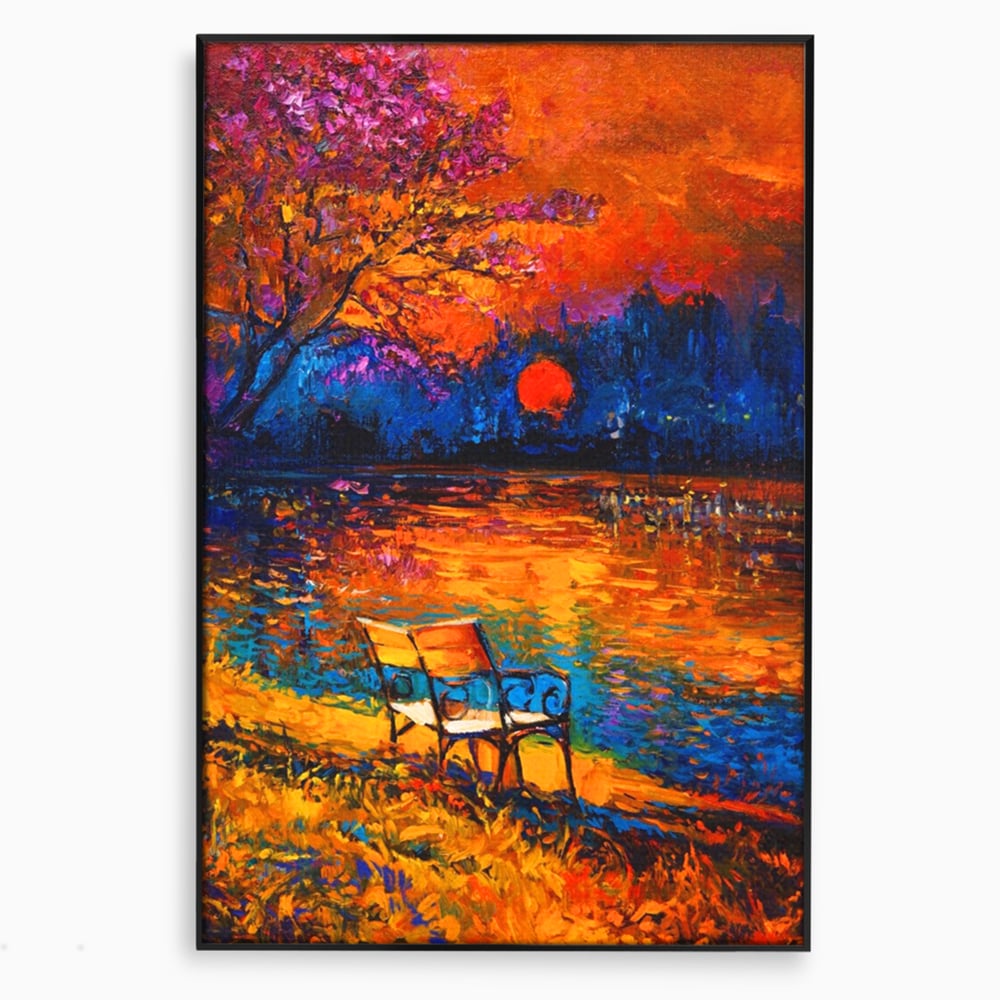 Tablou canvas cu tablou canvas cu peisaj si banca langa lac, in rama de aluminiu negru