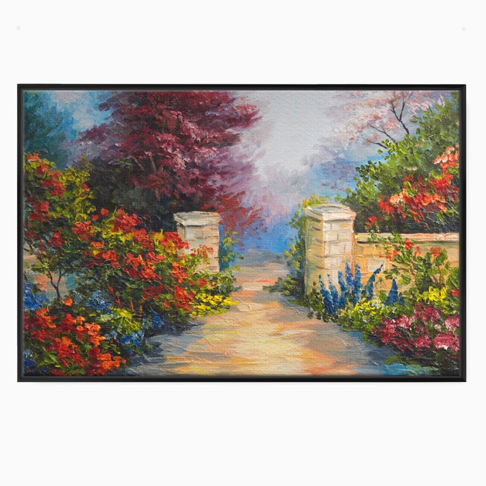 Tablou canvas cu pictura peisaj cu alee si flori, in rama de aluminiu negru