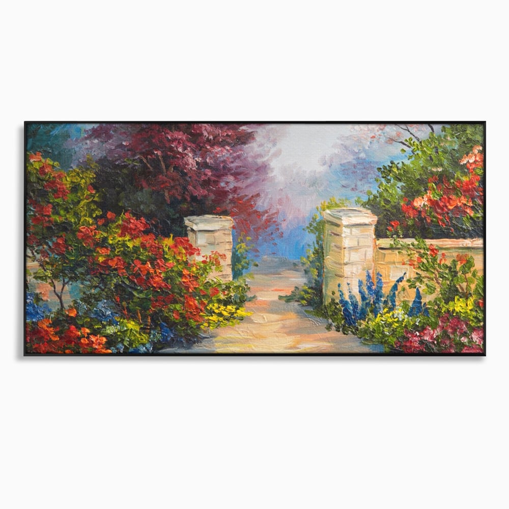 Tablou canvas cu pictura peisaj cu alee si flori, in rama de aluminiu negru
