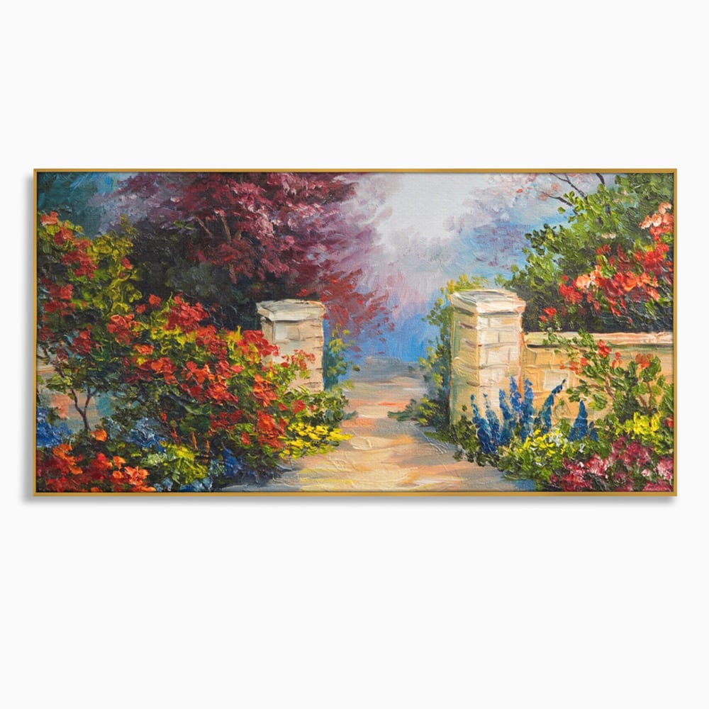Tablou canvas cu pictura peisaj cu alee si flori, in rama de aluminiu auriu