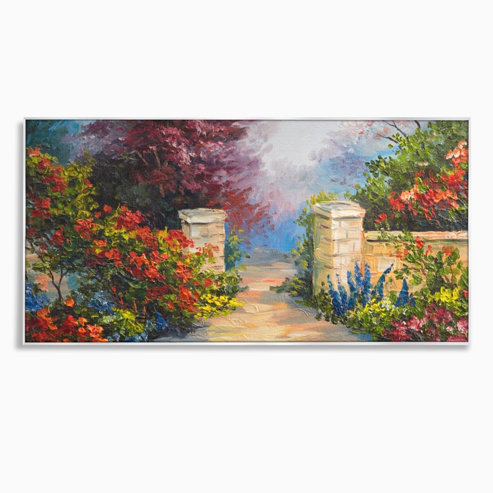 Tablou canvas cu pictura peisaj cu alee si flori, in rama de aluminiu argintiu