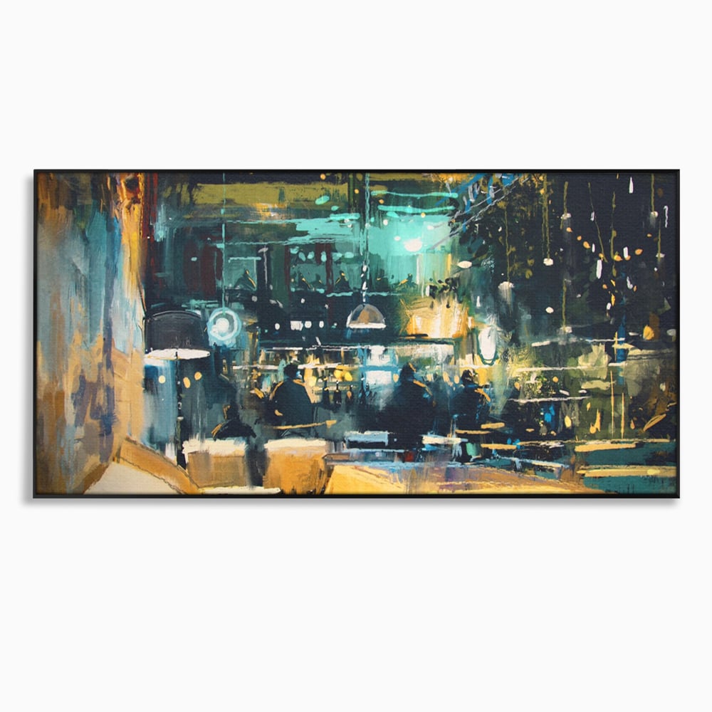 Tablou canvas cu pictura cu cafenea nocturna si lumini, in rama de aluminiu negru