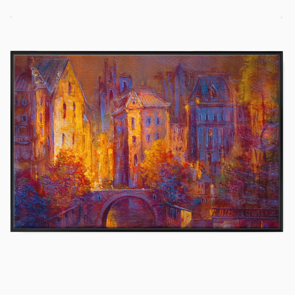 Tablou canvas cu pictura cu oras vechi pe timp de noapte, in rama de aluminiu negru