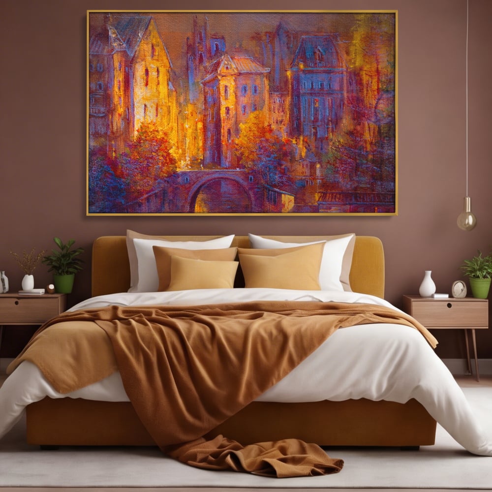 Tablou canvas cu pictura cu oras vechi pe timp de noapte, in rama de aluminiu auriu, pe perete intr-un dormitor
