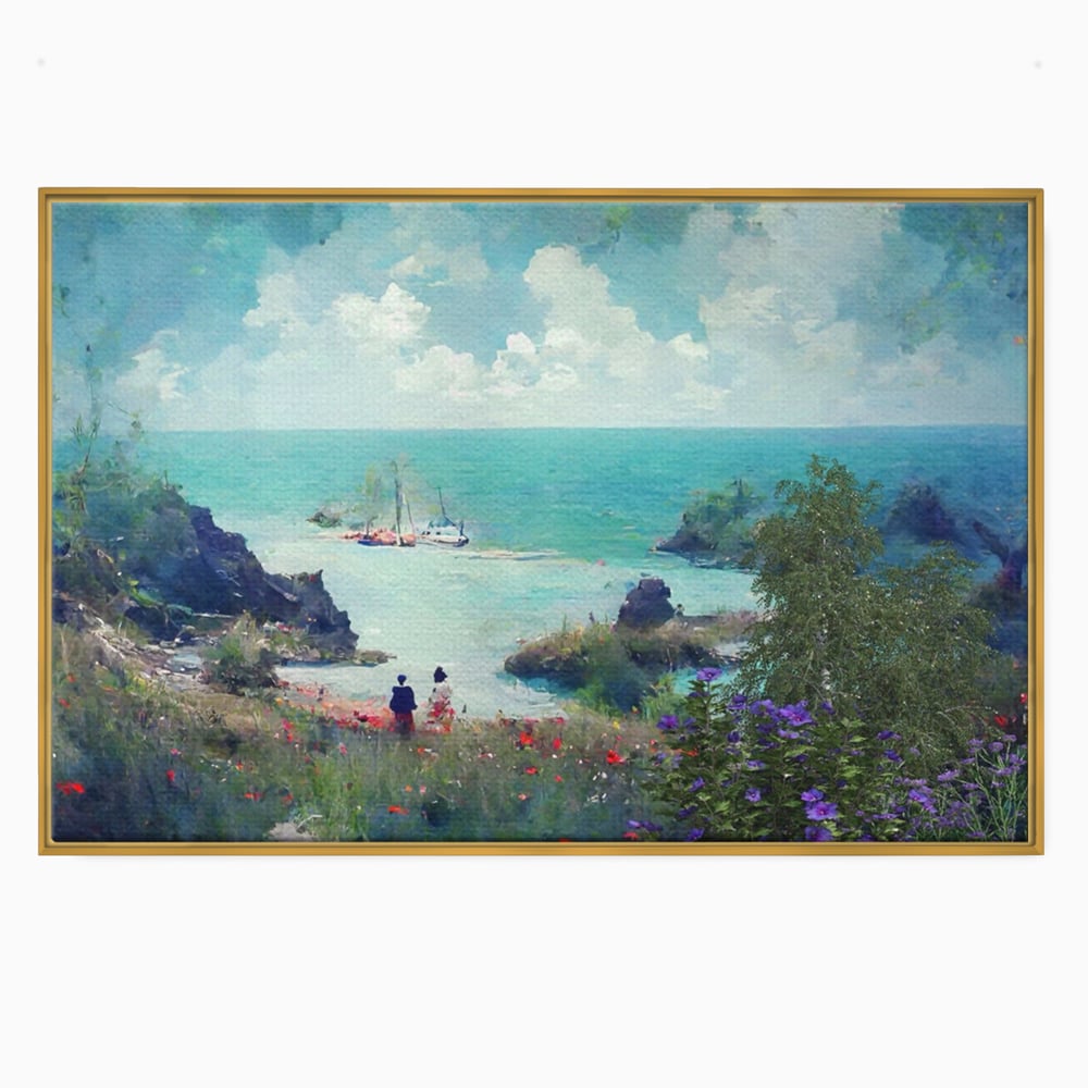 Tablou canvas cu pictura peisaj marin cu oameni si flori, in rama de aluminiu auriu