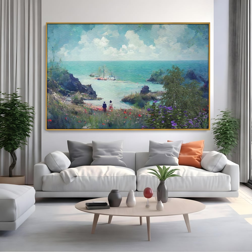 Tablou canvas cu pictura peisaj marin cu oameni si flori, in rama de aluminiu auriu, pe perete intr-un living
