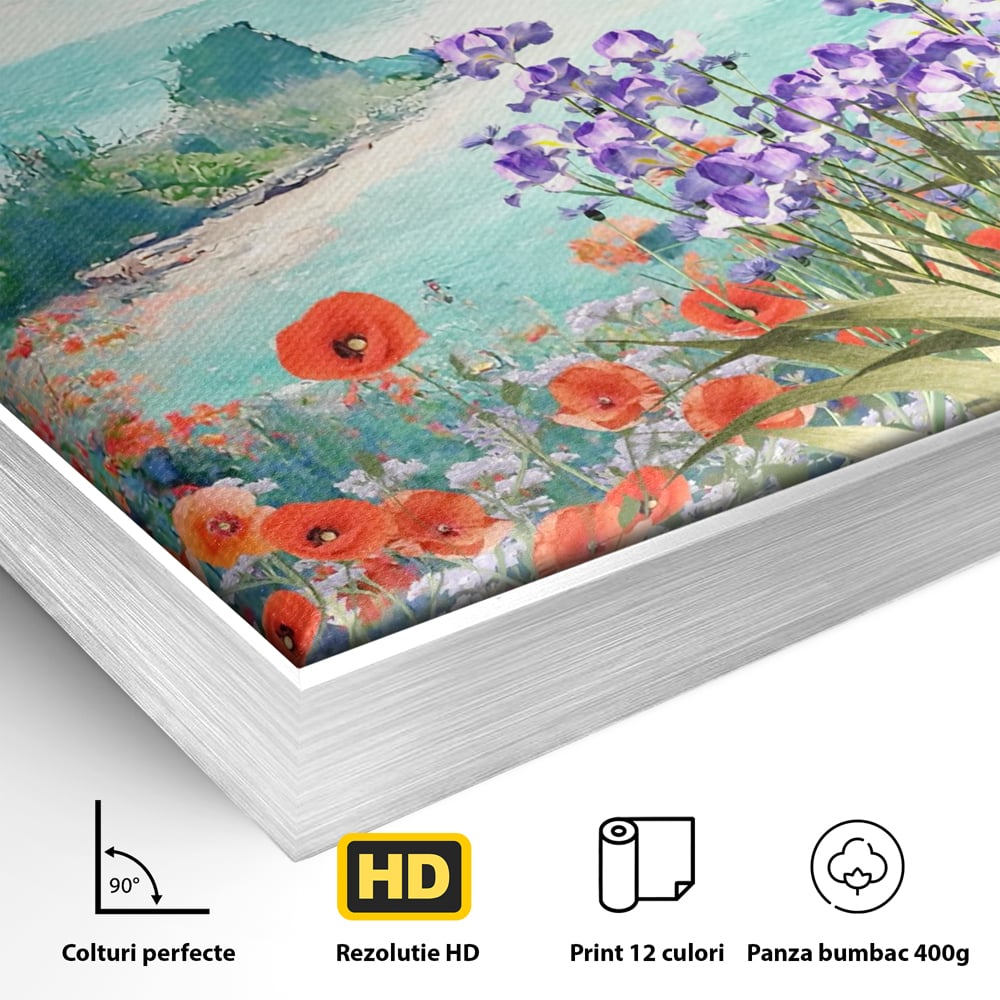 Detaliu al suprafetei: tablou canvas cu maci si flori violet, in rama de aluminiu argintiu