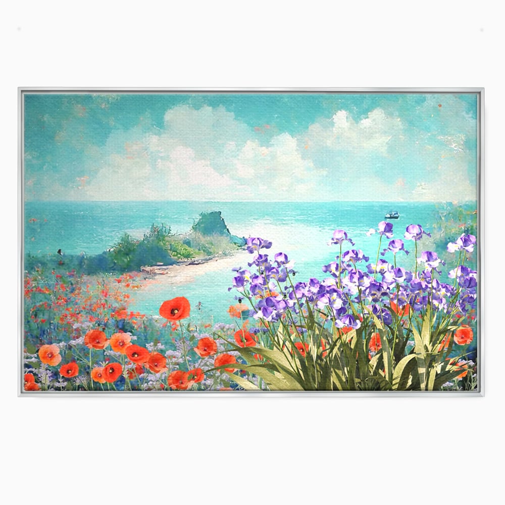 Tablou canvas cu tablou canvas cu maci si flori violet, in rama de aluminiu argintiu