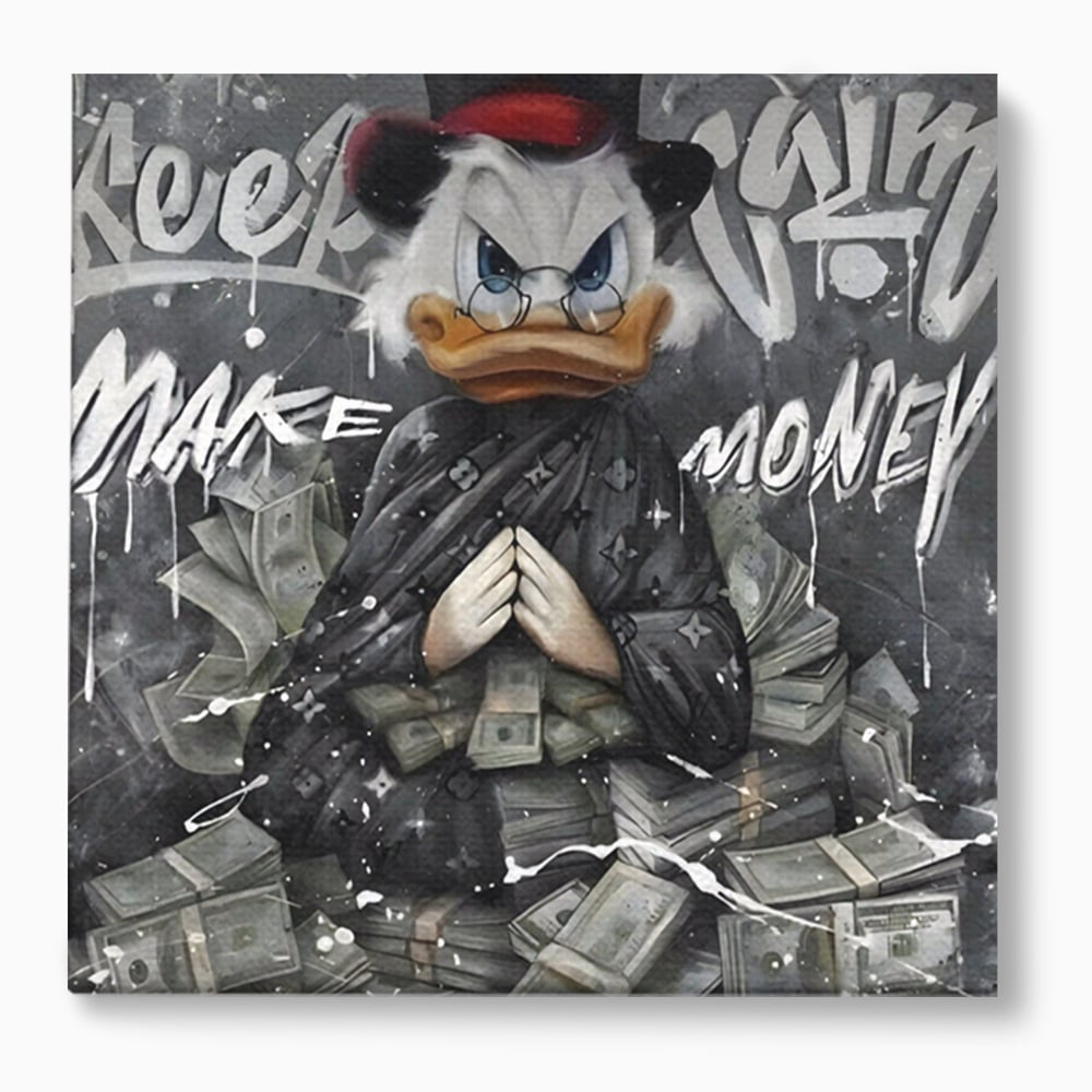 Tablou canvas cu tablou canvas cu scrooge mcduck si teancuri de bani, fara rama, pe sasiu de lemn