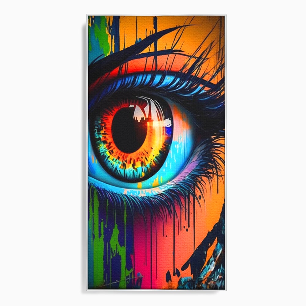 Tablou canvas cu tablou canvas cu ochi uman si graffiti, in rama de aluminiu argintiu