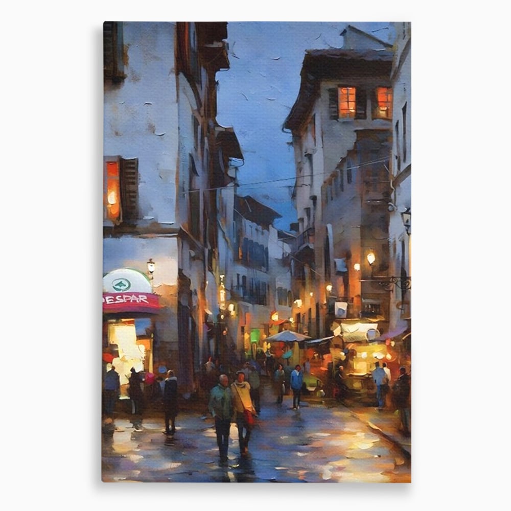 Tablou canvas cu pictura stradala cu oameni seara, fara rama, pe sasiu de lemn
