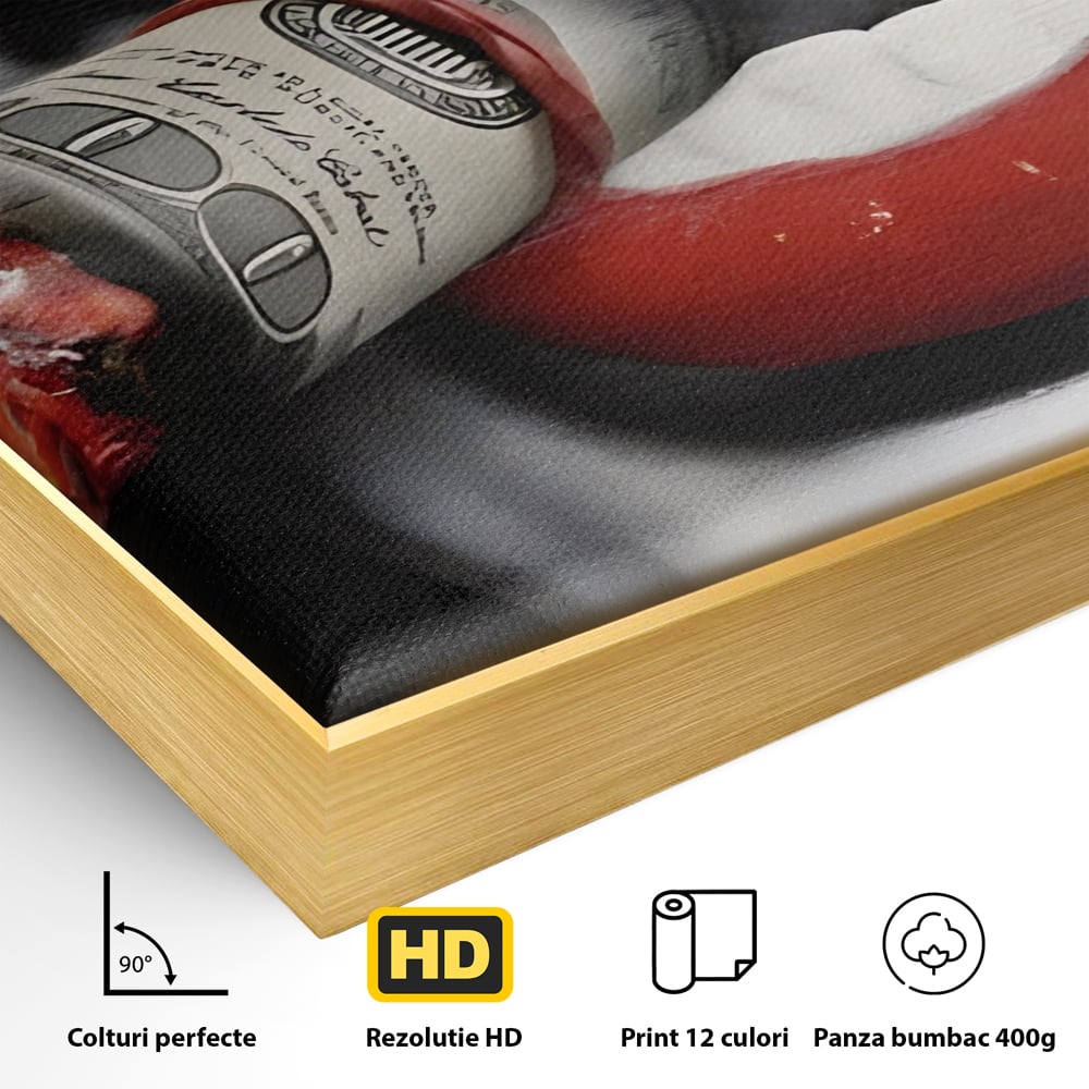 Detaliu al suprafetei: tablou canvas cu buze rosii si bancnota, in rama de aluminiu auriu