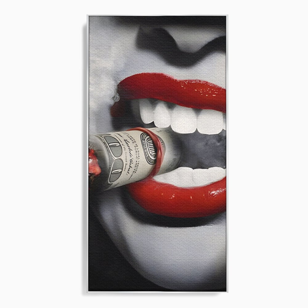 Tablou canvas cu tablou canvas cu buze rosii si bancnota, in rama de aluminiu argintiu