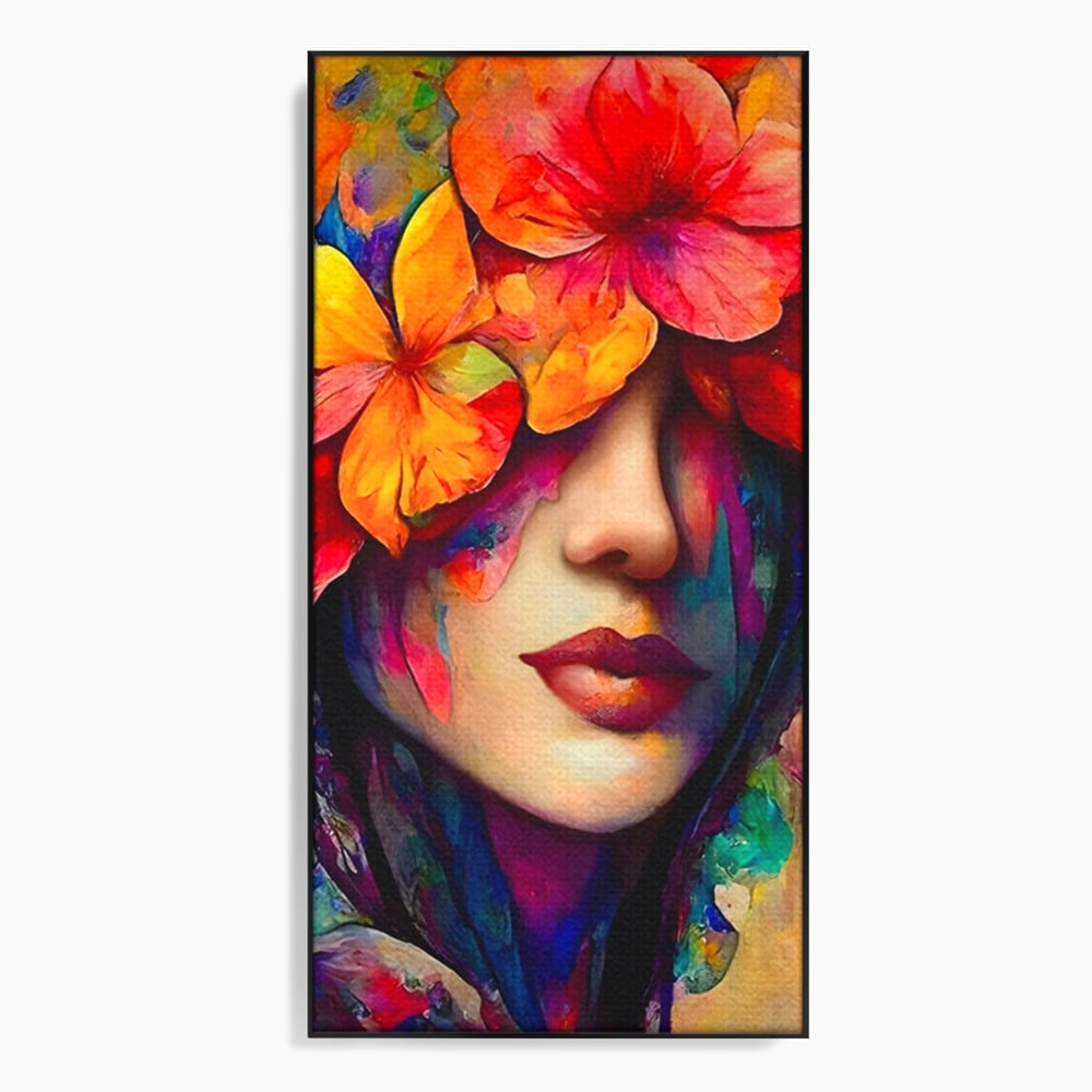 Tablou canvas cu tablou canvas cu portret feminin si flori, in rama de aluminiu negru