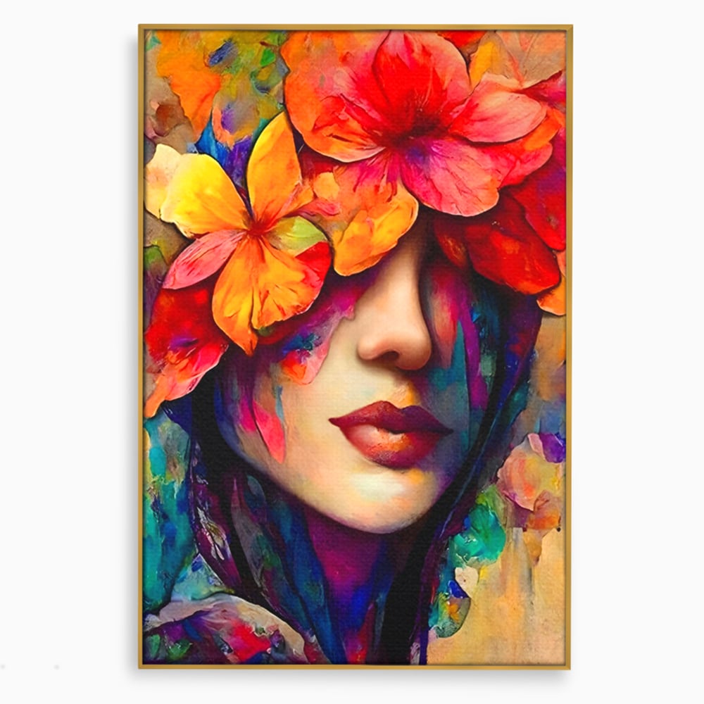 Tablou canvas cu tablou canvas cu portret feminin si flori, in rama de aluminiu auriu