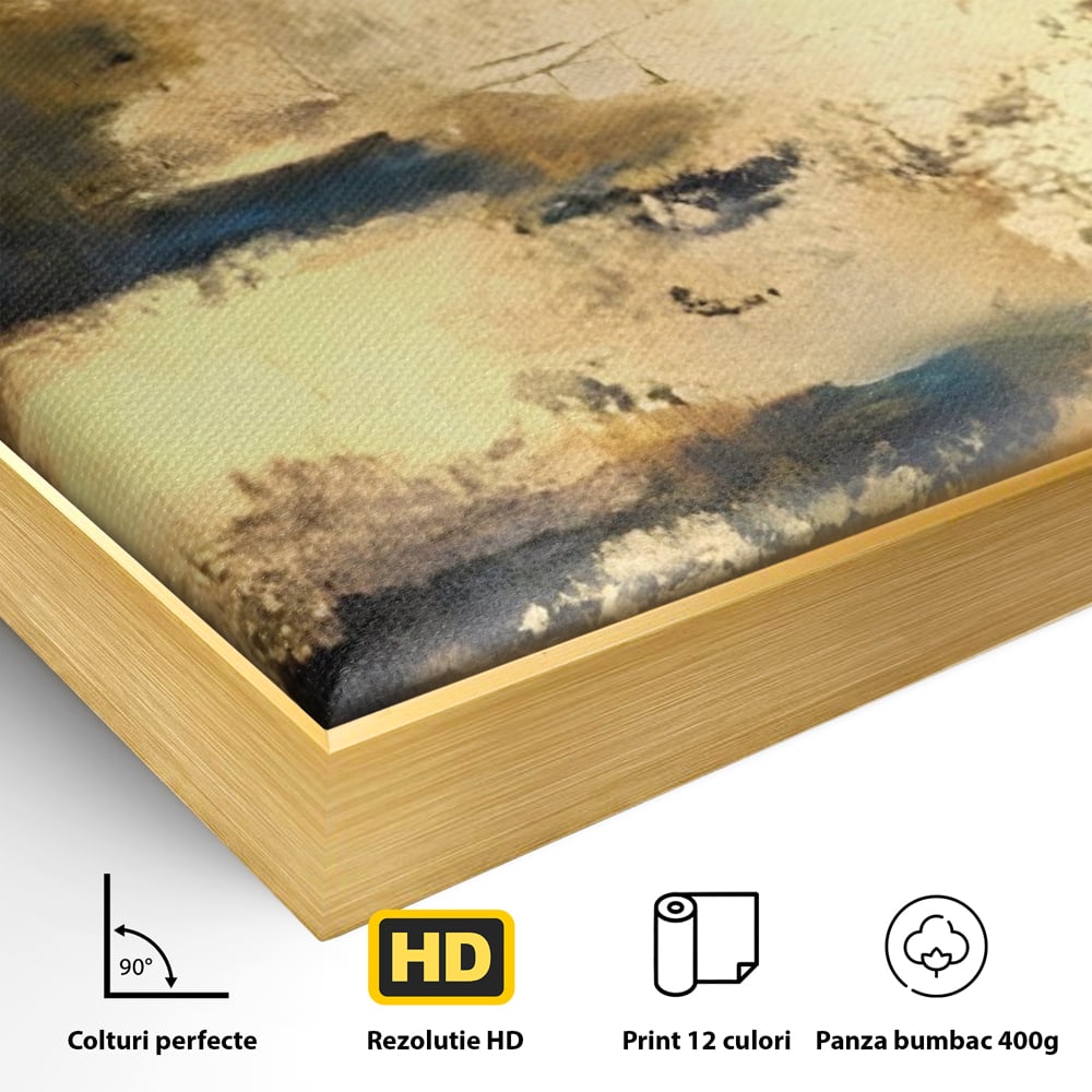 Detaliu al suprafetei: pictura abstracta cu texturi aurii, in rama de aluminiu auriu