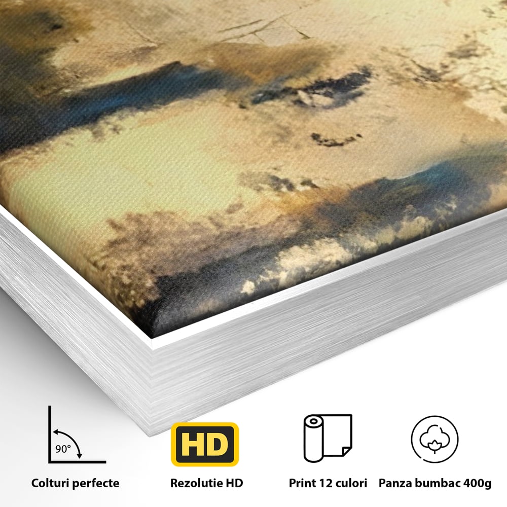 Detaliu al suprafetei: pictura abstracta cu texturi aurii, in rama de aluminiu argintiu