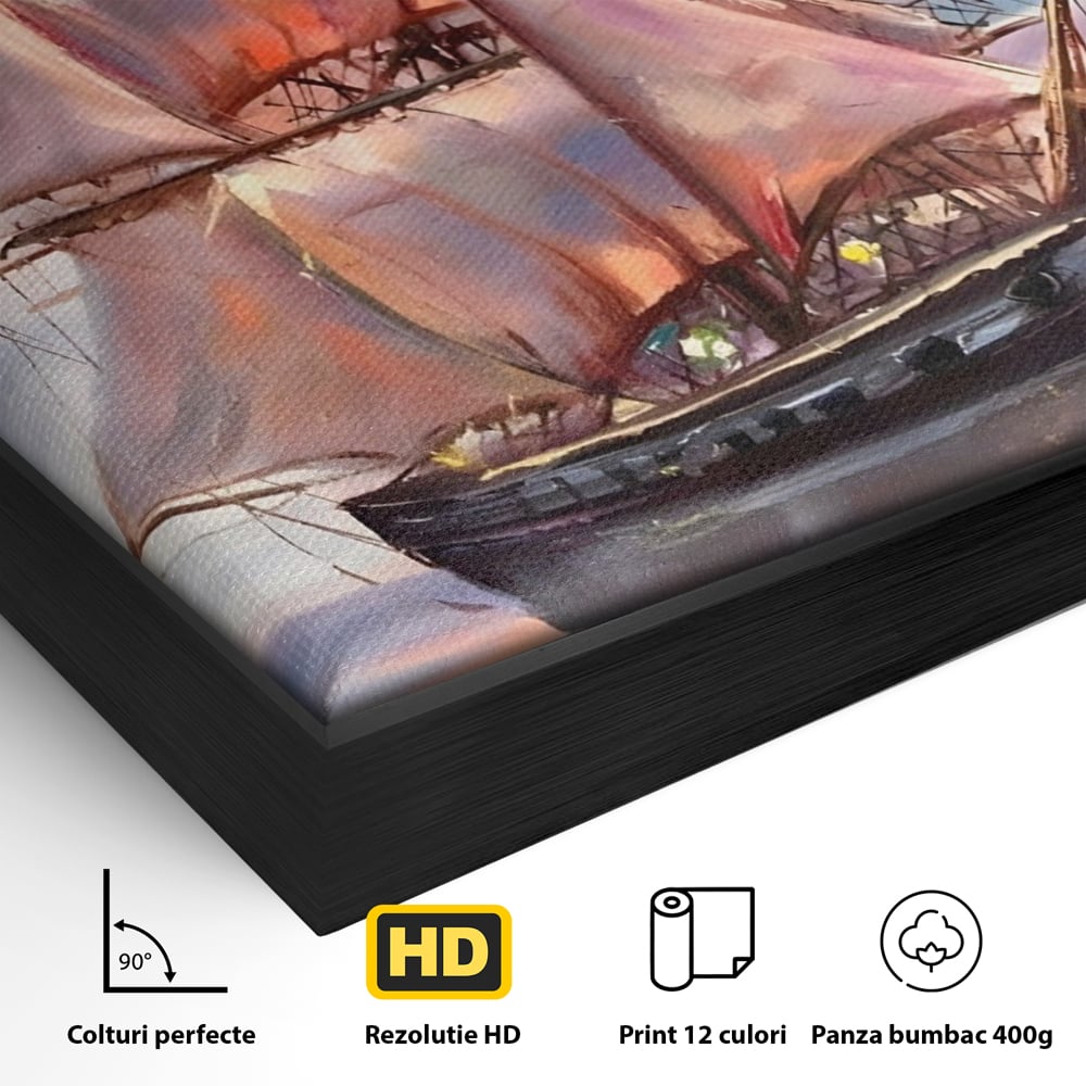 Detaliu al suprafetei: tablou canvas cu vapor cu vele pe mare, in rama de aluminiu negru