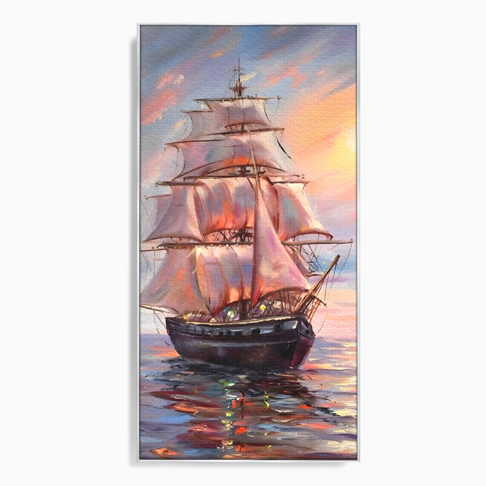Tablou canvas cu tablou canvas cu vapor cu vele pe mare, in rama de aluminiu argintiu